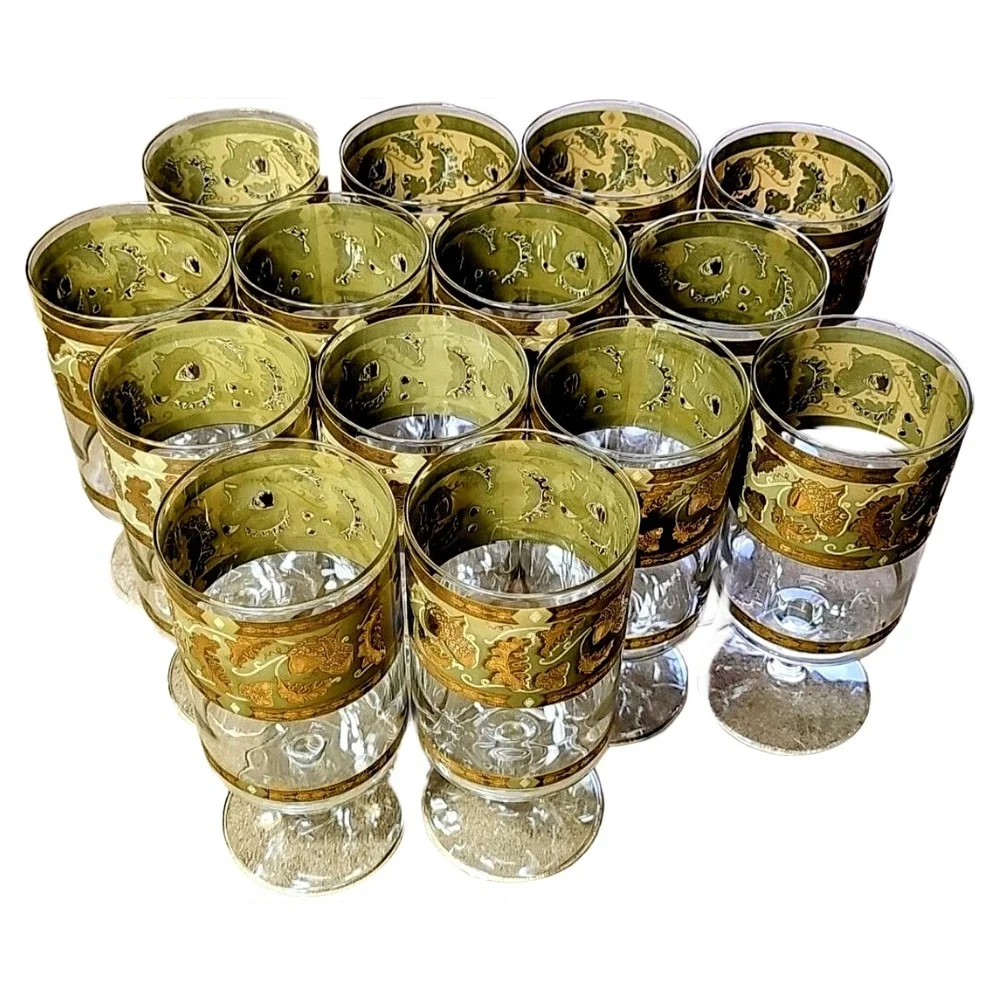 Vintage Cera Green Gold Oak Leaf Acorn Footed Glass Goblet MCM Barware Set Vera